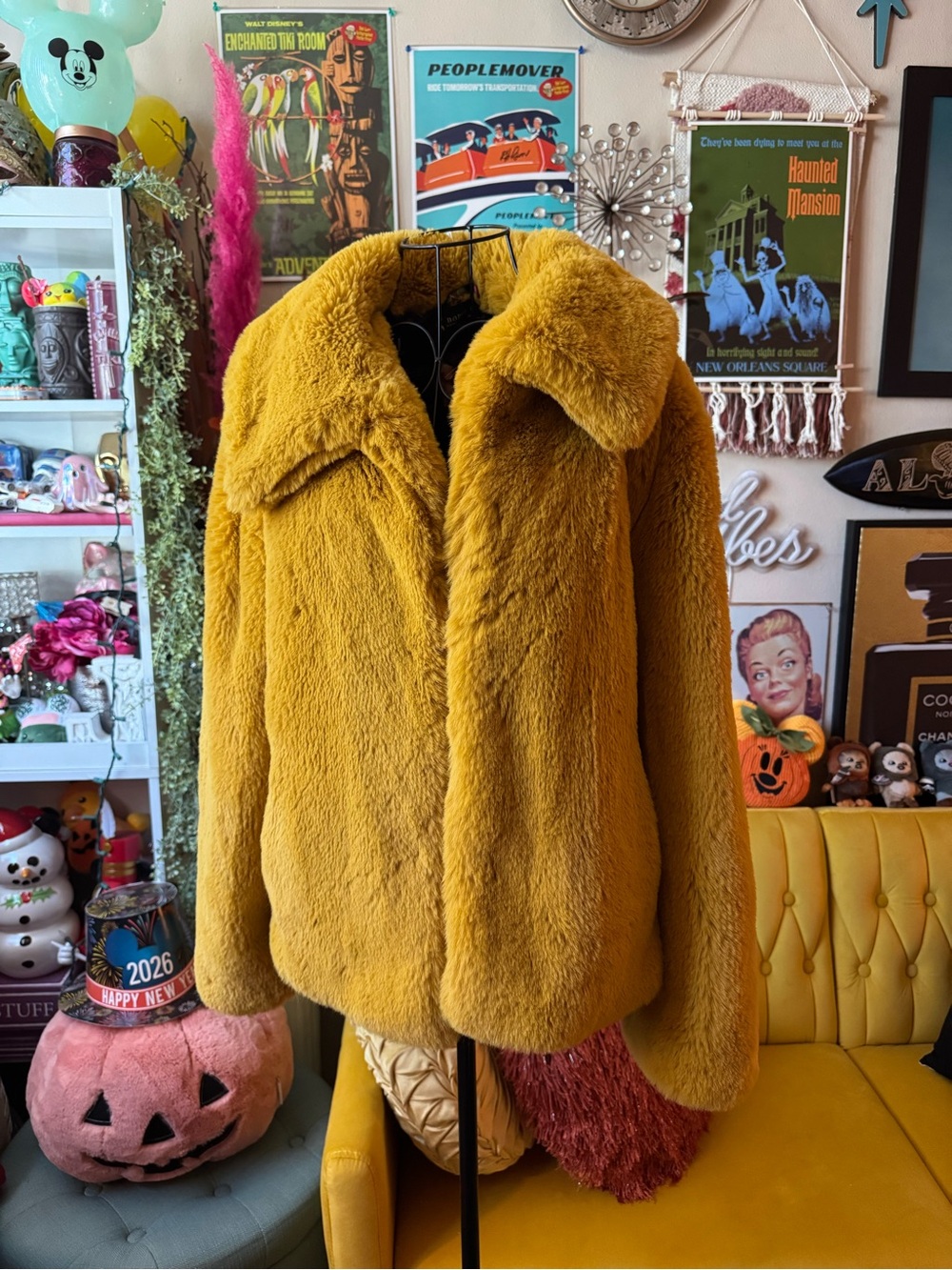 Nanette Lepore Mustard Yellow Faux Fur Jacket
